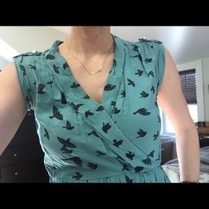 Dark seafoam green tunic length top w black birds